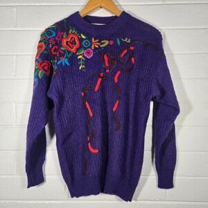 Vtg Acrylic Mohair Bld Colorful Floral Embroidered Pullover Sweater Medium Artsy